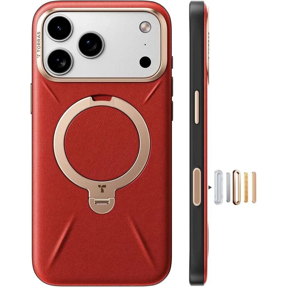 TORRAS Leather Case for iPhone 17 Pro Max 360 Spin Stand MagSafe Crimson Red